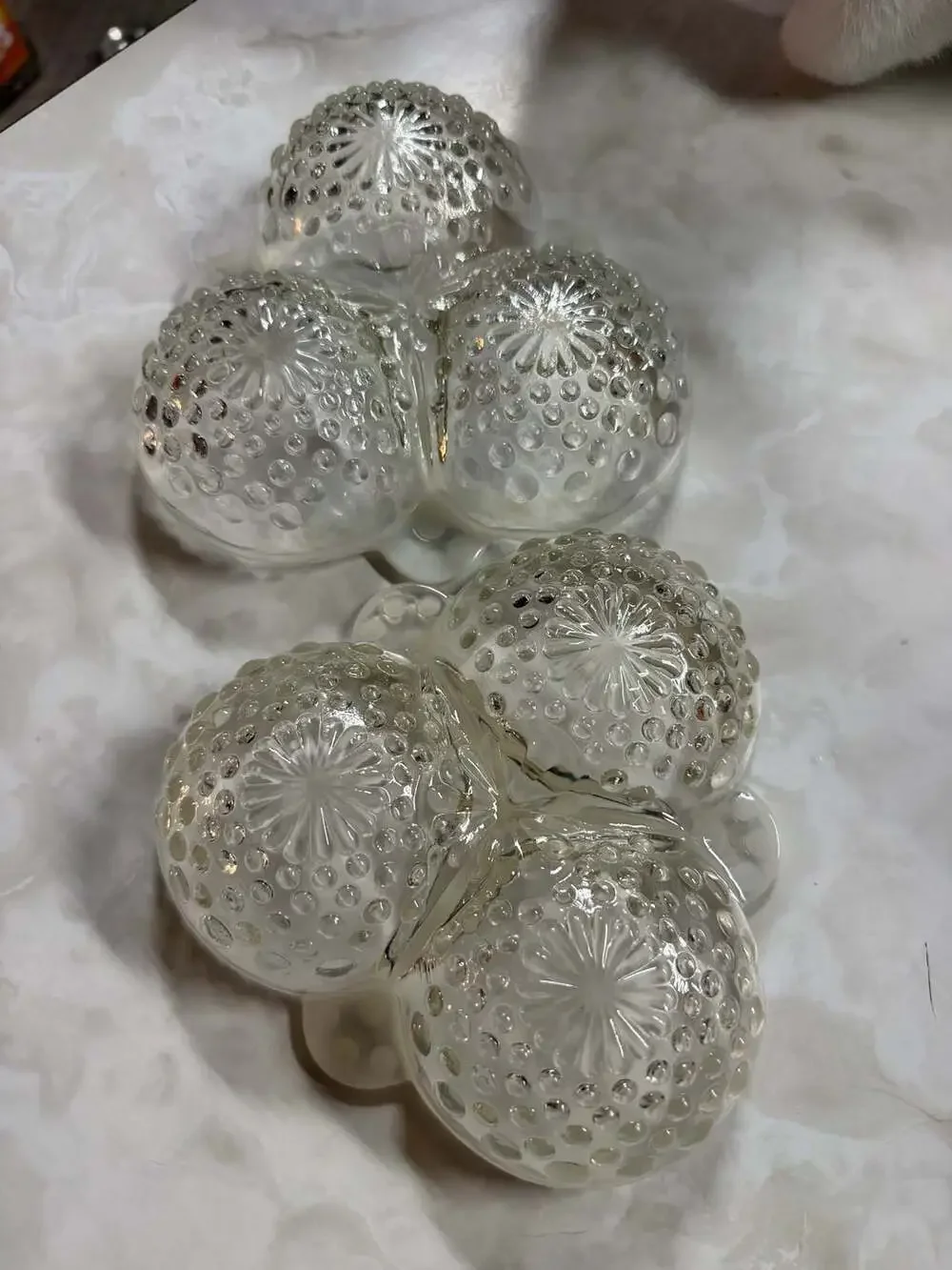 Vintage Moonstone Opalescent Hobnail Three-Section Divided Dishes Set of 2